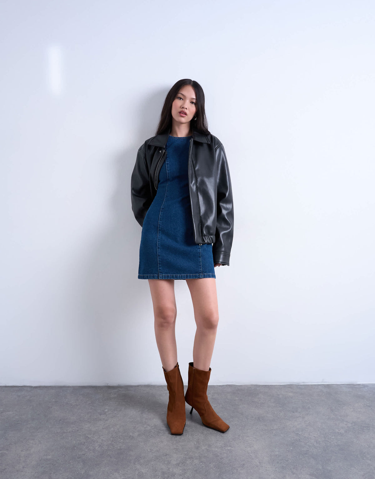 Topshop denim mini shift dress in mid blue