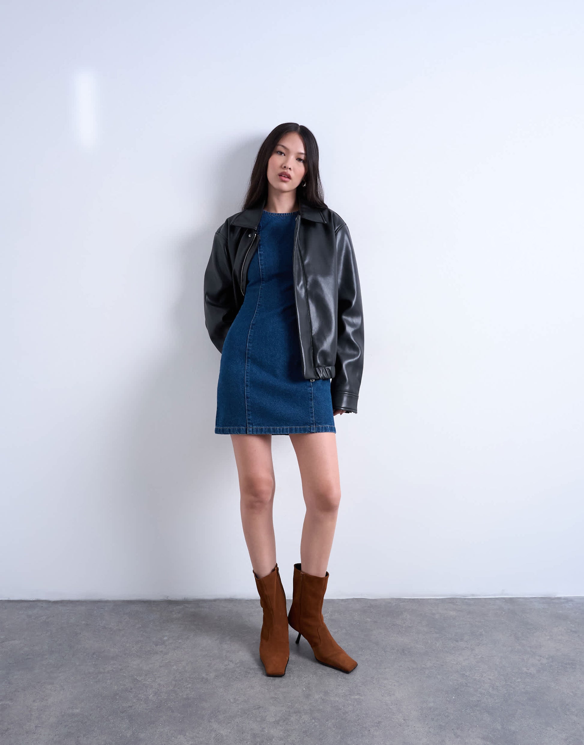 Topshop denim mini shift dress in mid blue