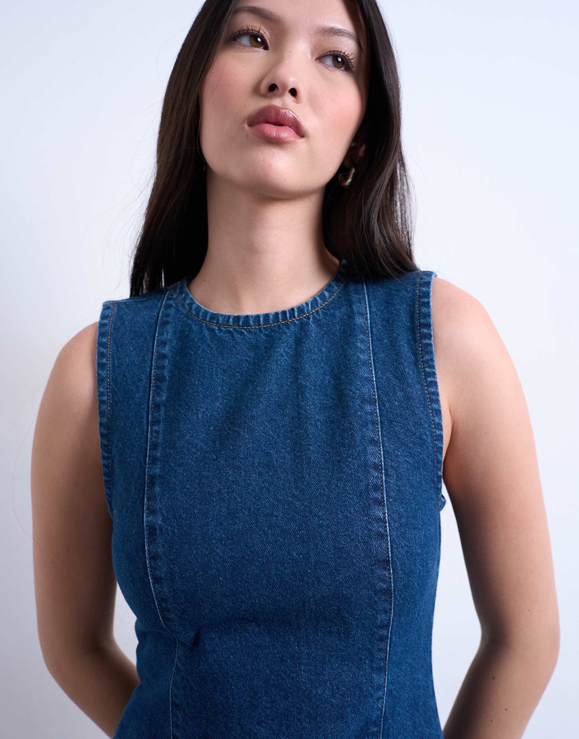 Topshop denim mini shift dress in mid blue