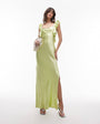 Topshop ruffle shoulder satin slip dress in deep lime
