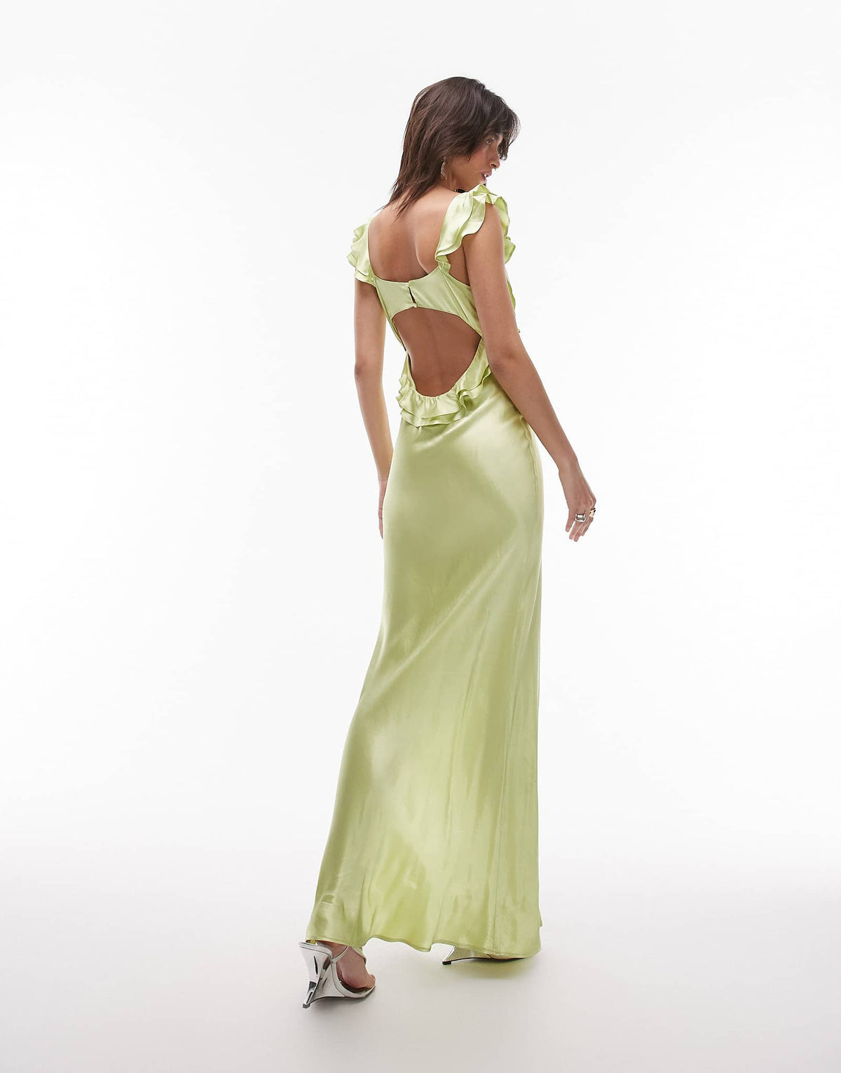 Topshop ruffle shoulder satin slip dress in deep lime