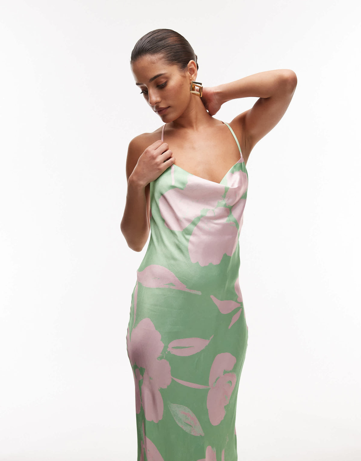 Topshop cowl maxi slip dress in lime and pink floral