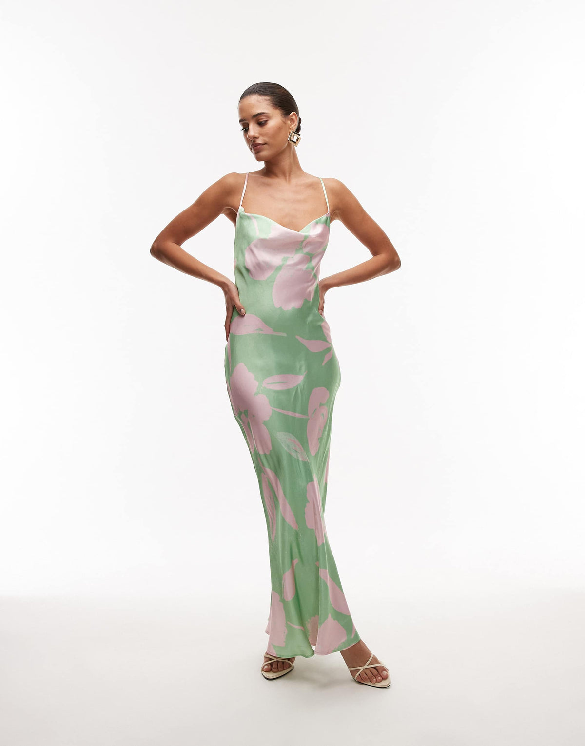 Topshop cowl maxi slip dress in lime and pink floral