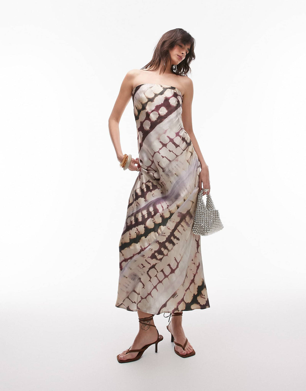 Topshop satin bandeau slip maxi dress in abstract animal print