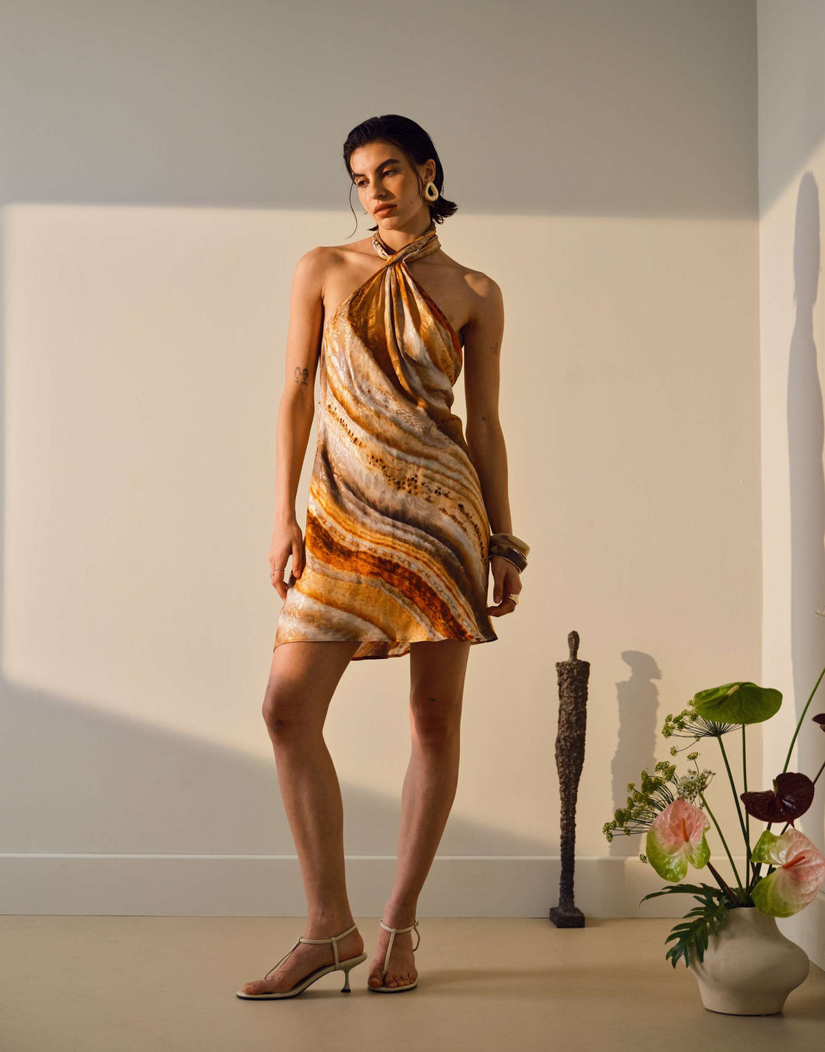 Topshop tie neck halter mini dress satin in blurred mineral print
