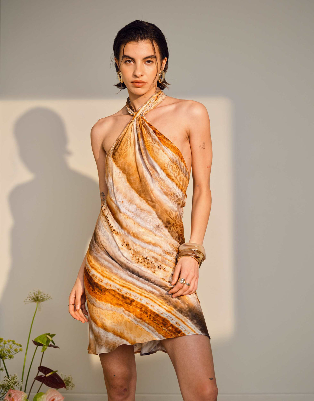Topshop tie neck halter mini dress satin in blurred mineral print