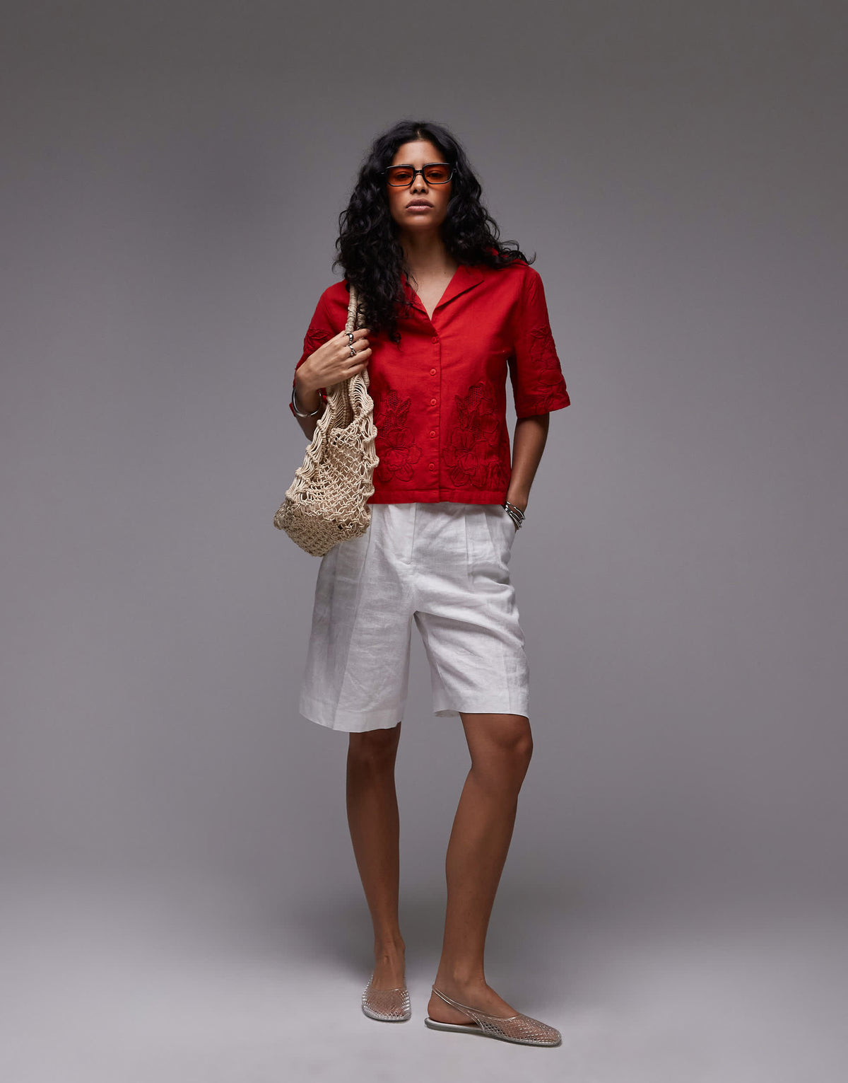 Topshop co-ord cutwork crop shirt in red