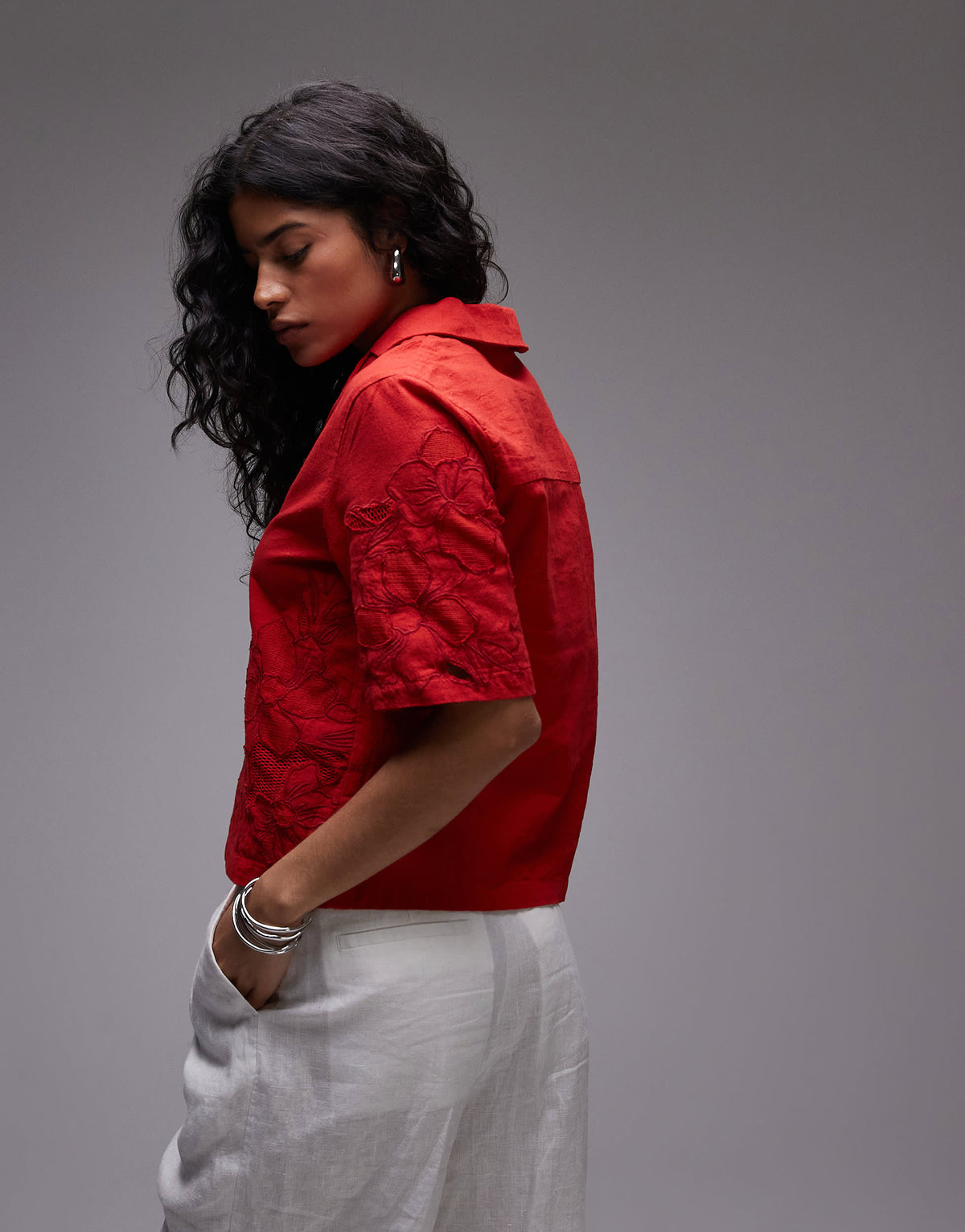 Topshop co-ord cutwork crop shirt in red