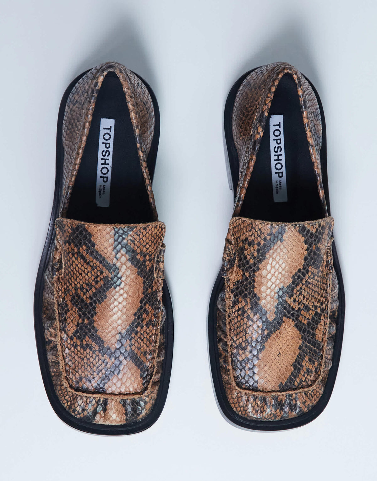 Topshop Premium Clover real leather loafers with ruched detail in snake print