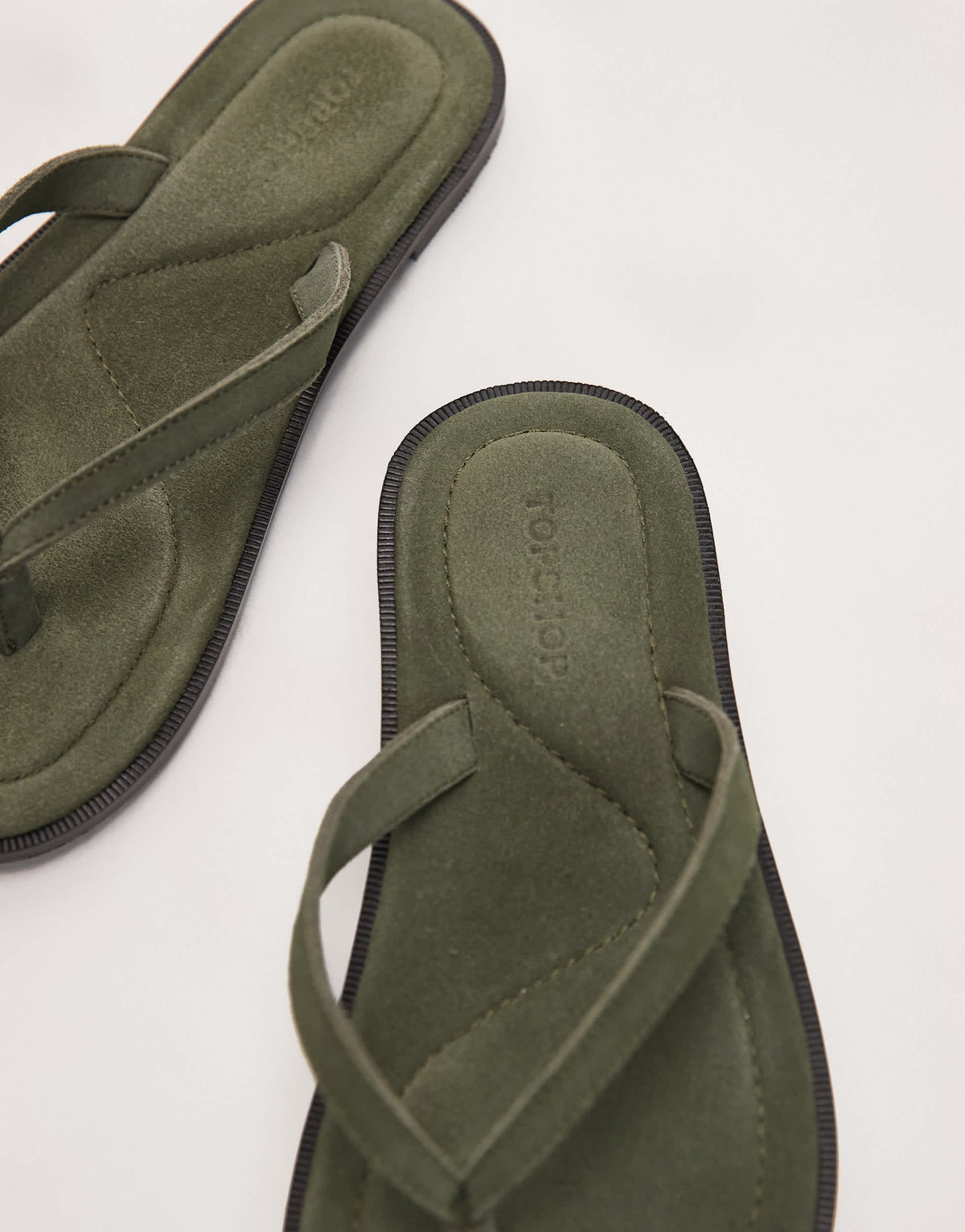 Topshop Jay real suede toe thong flat sandal in khaki