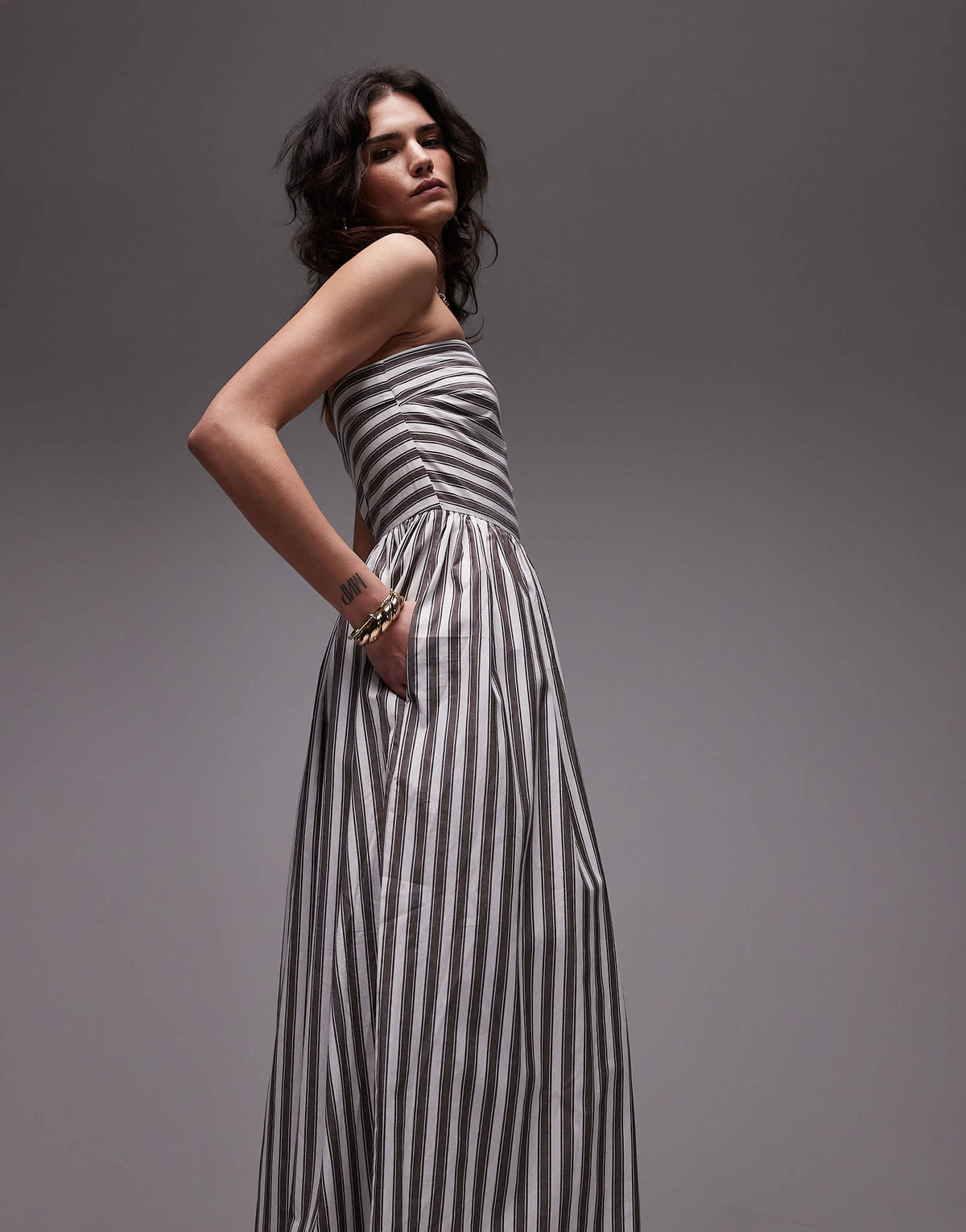Topshop bandeau full hem dress in bleached stripe