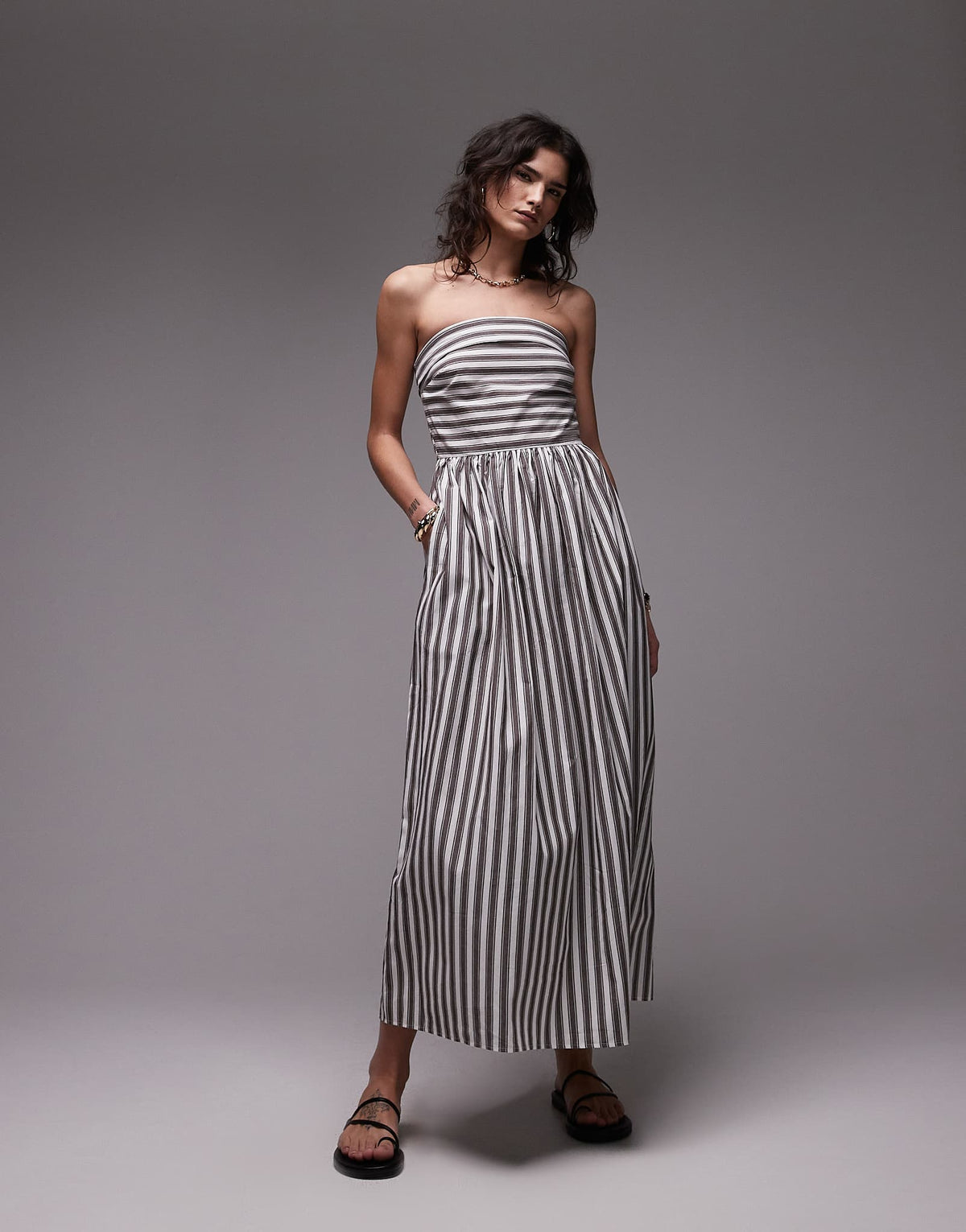 Topshop bandeau full hem dress in bleached stripe