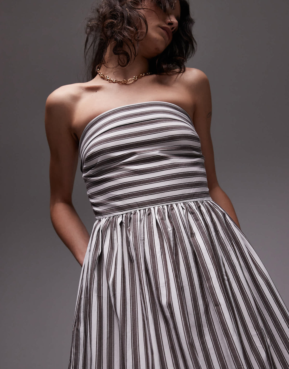 Topshop bandeau full hem dress in bleached stripe