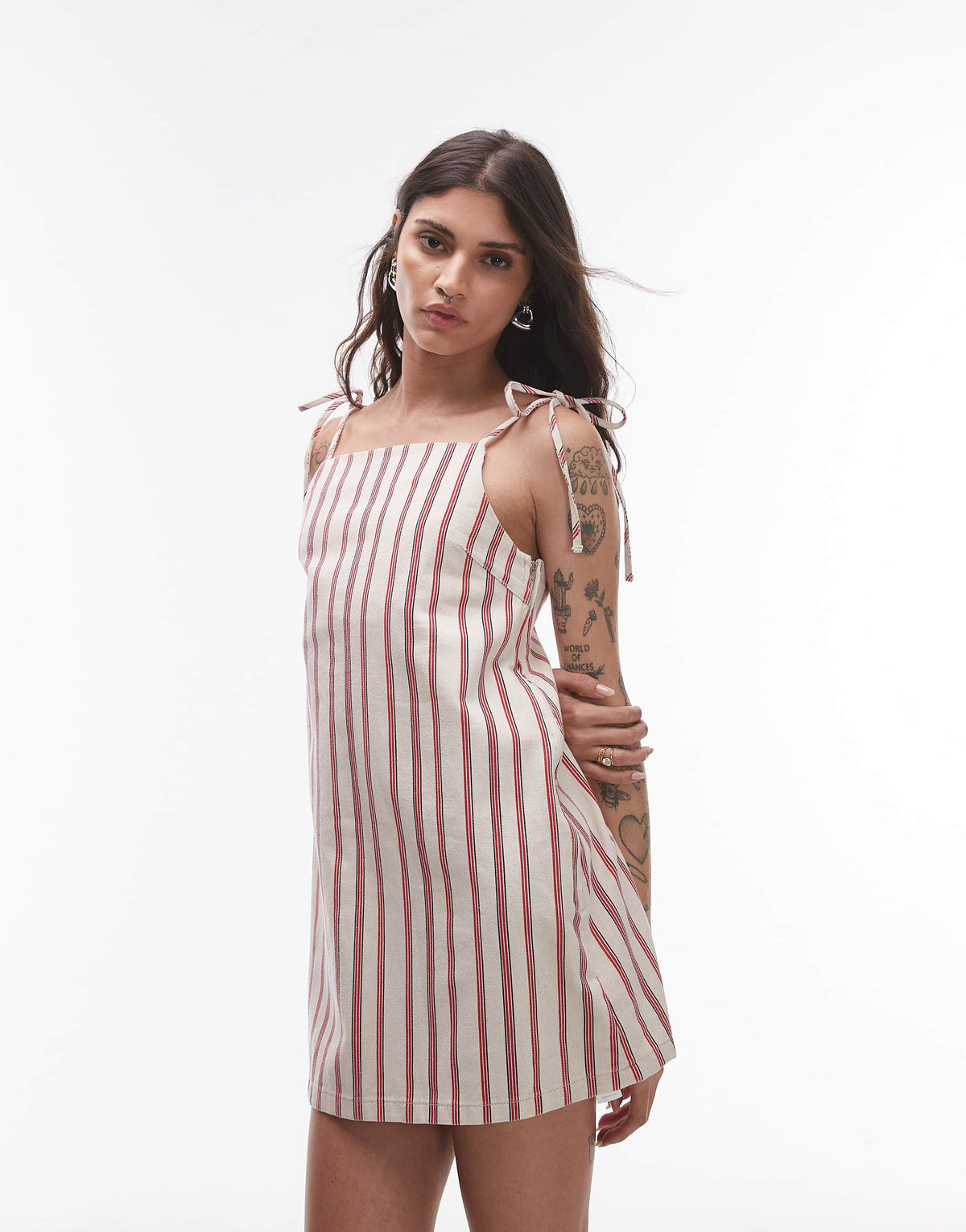 Topshop denim mini dress in red stripe