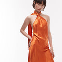 Topshop tie neck halter mini dress satin in rust