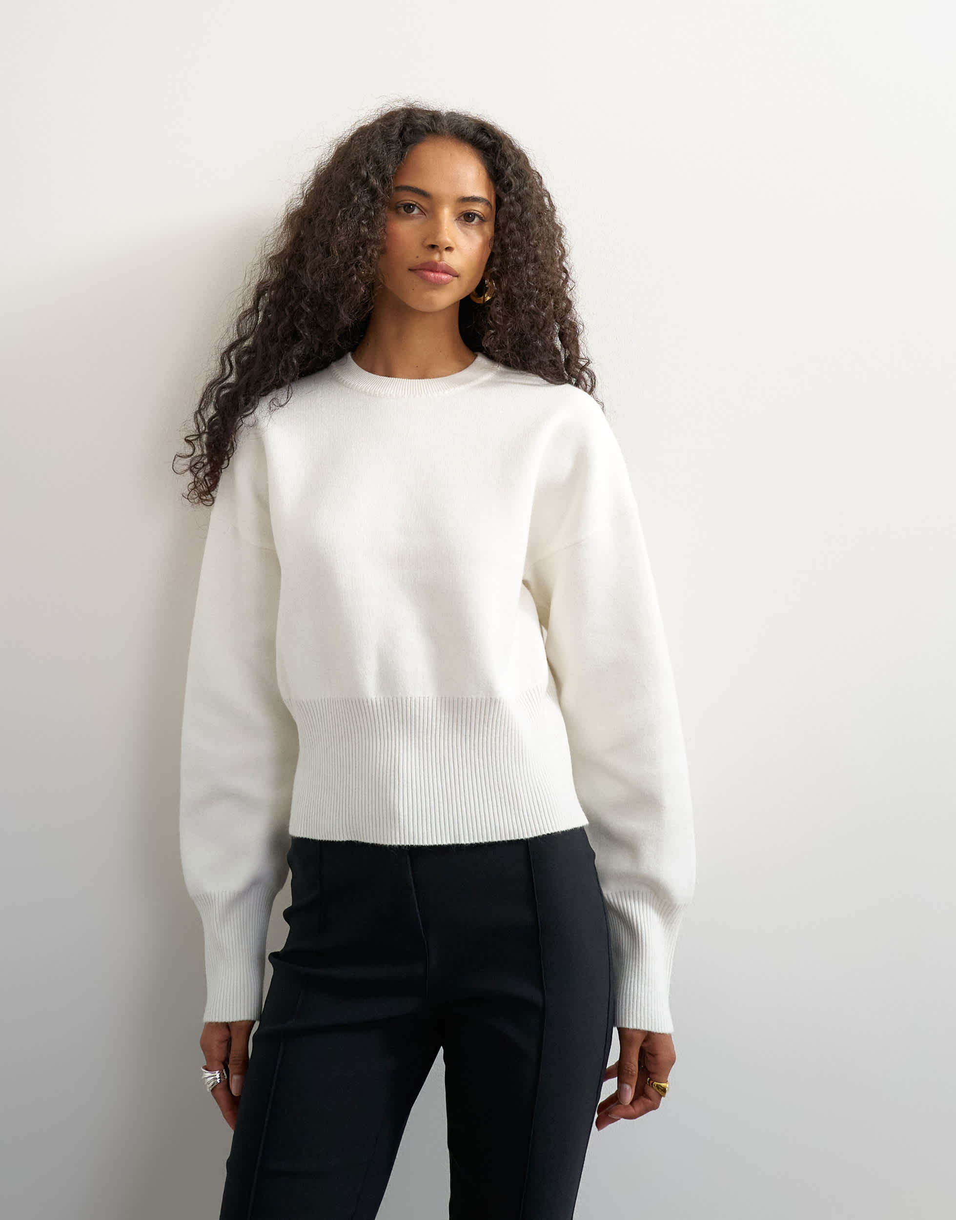Topshop knitted clean cinch waist batwing sleeve jumper in ivory