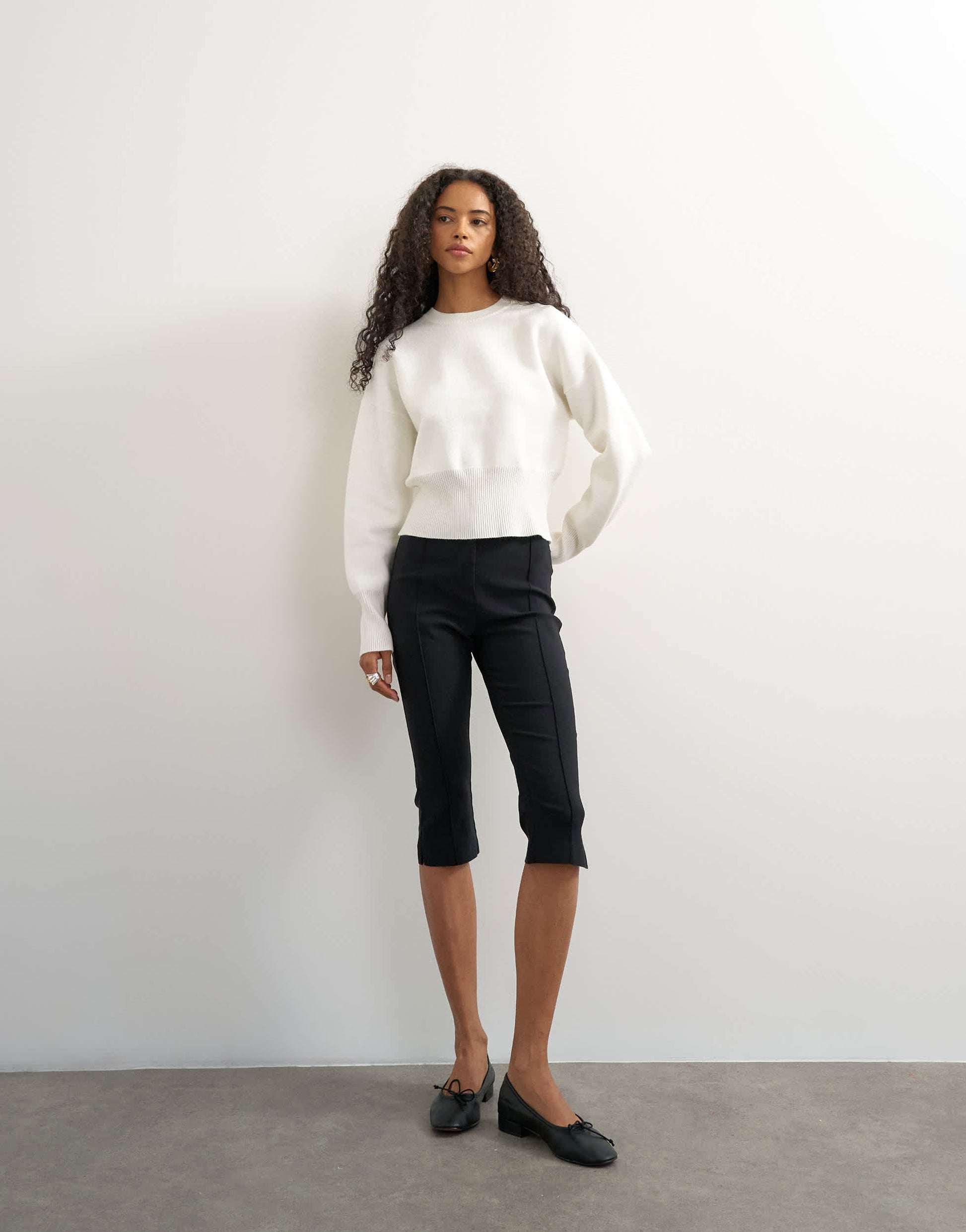 Topshop knitted clean cinch waist batwing sleeve jumper in ivory