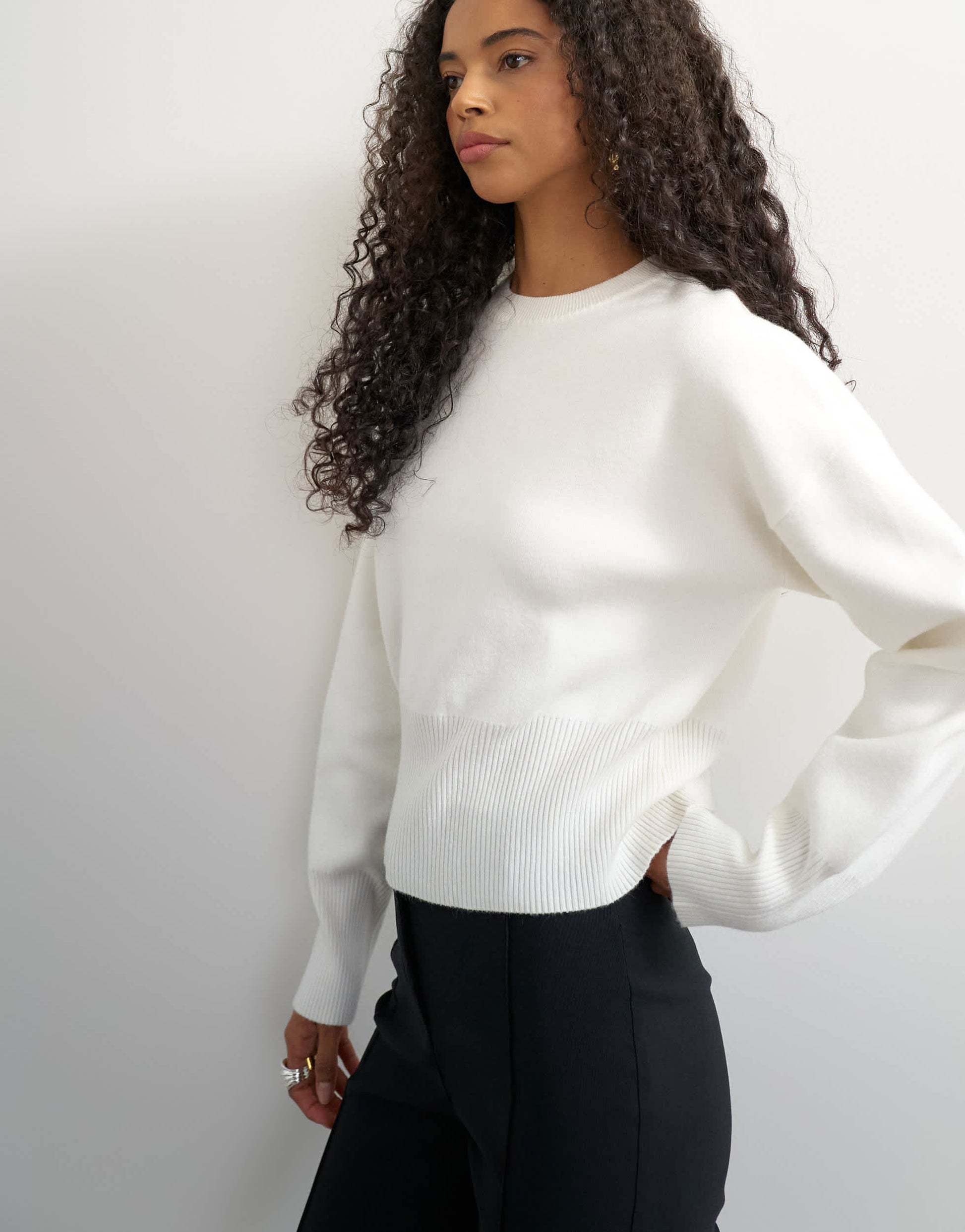 Topshop knitted clean cinch waist batwing sleeve jumper in ivory