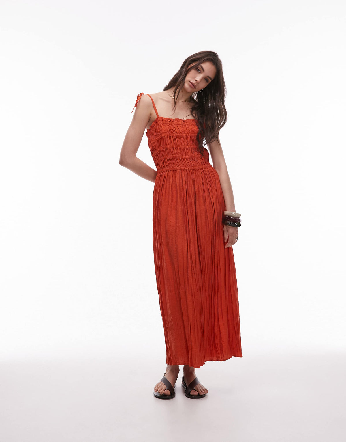 Topshop crinkle ruched bust midi dress in deep orange