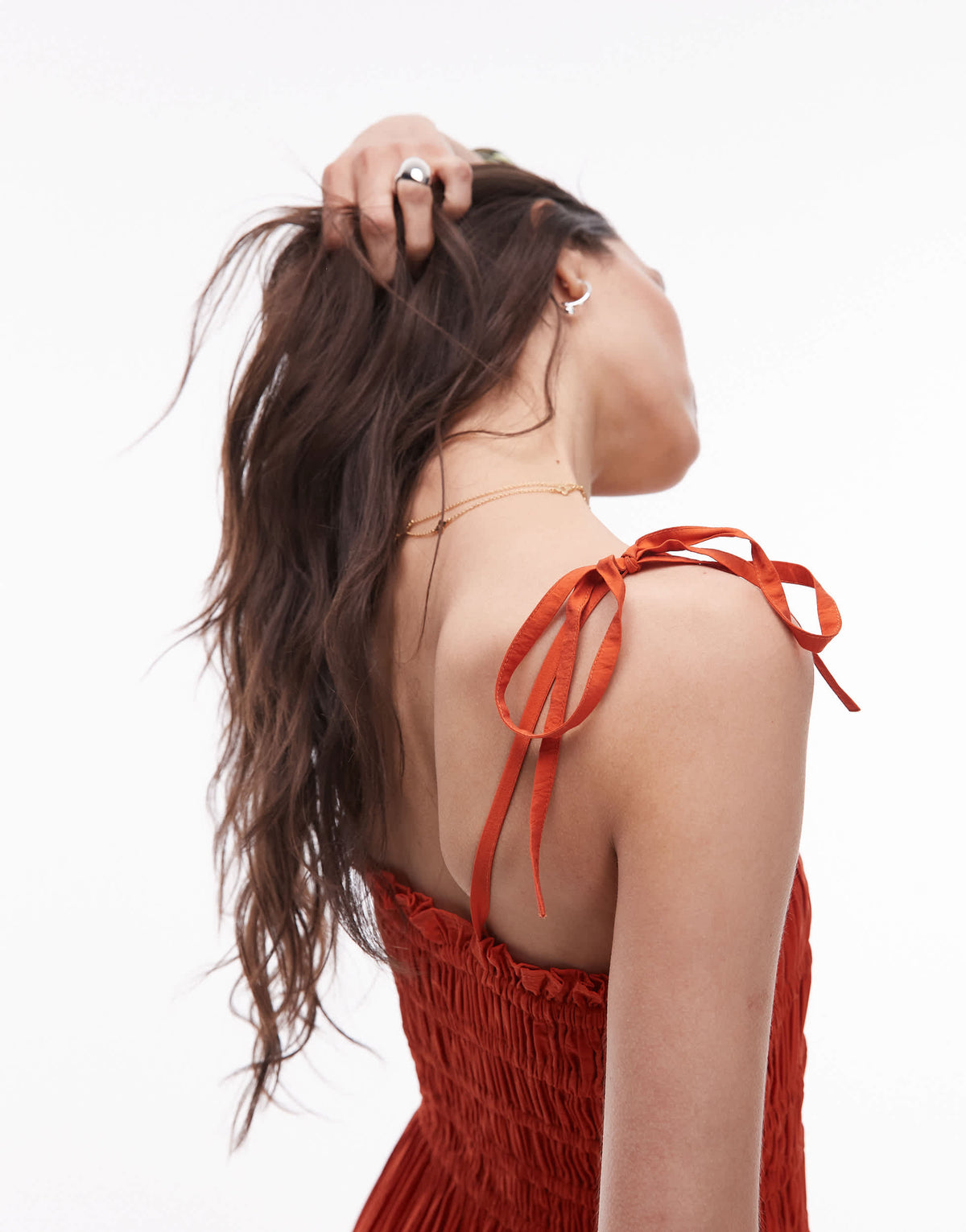 Topshop crinkle ruched bust midi dress in deep orange