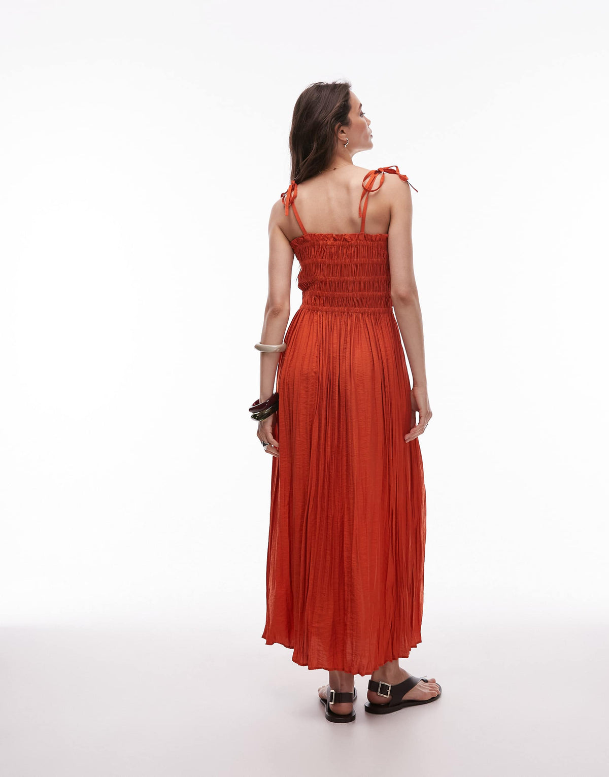 Topshop crinkle ruched bust midi dress in deep orange