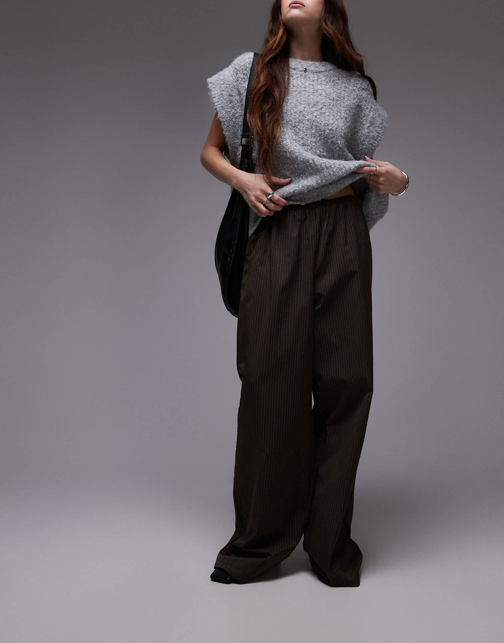 Pantalon décontracté à taille cordon de serrage Topshop à rayures marron