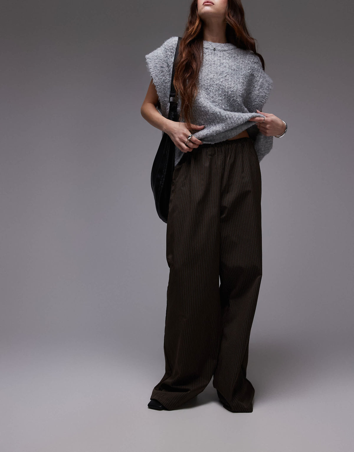 Topshop drawstring waist relaxed trouser in brown stripe