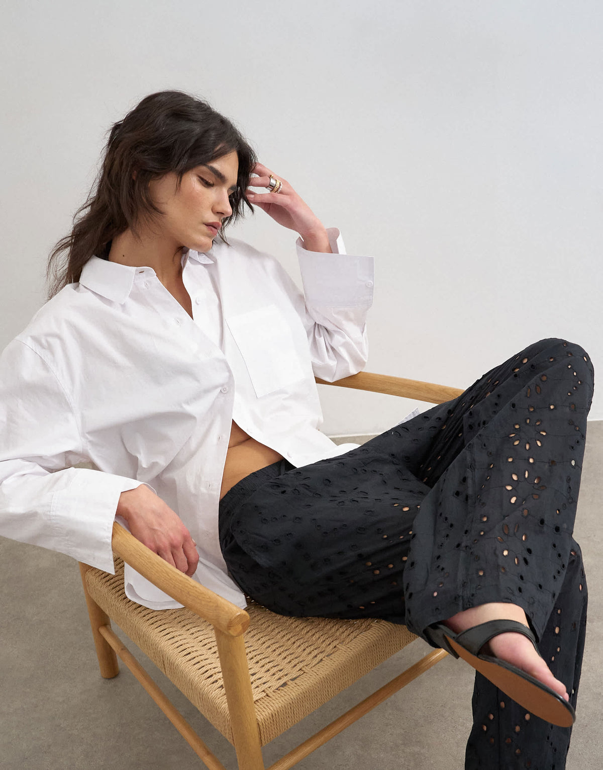 Topshop large broderie cut out tie waist trouser in black