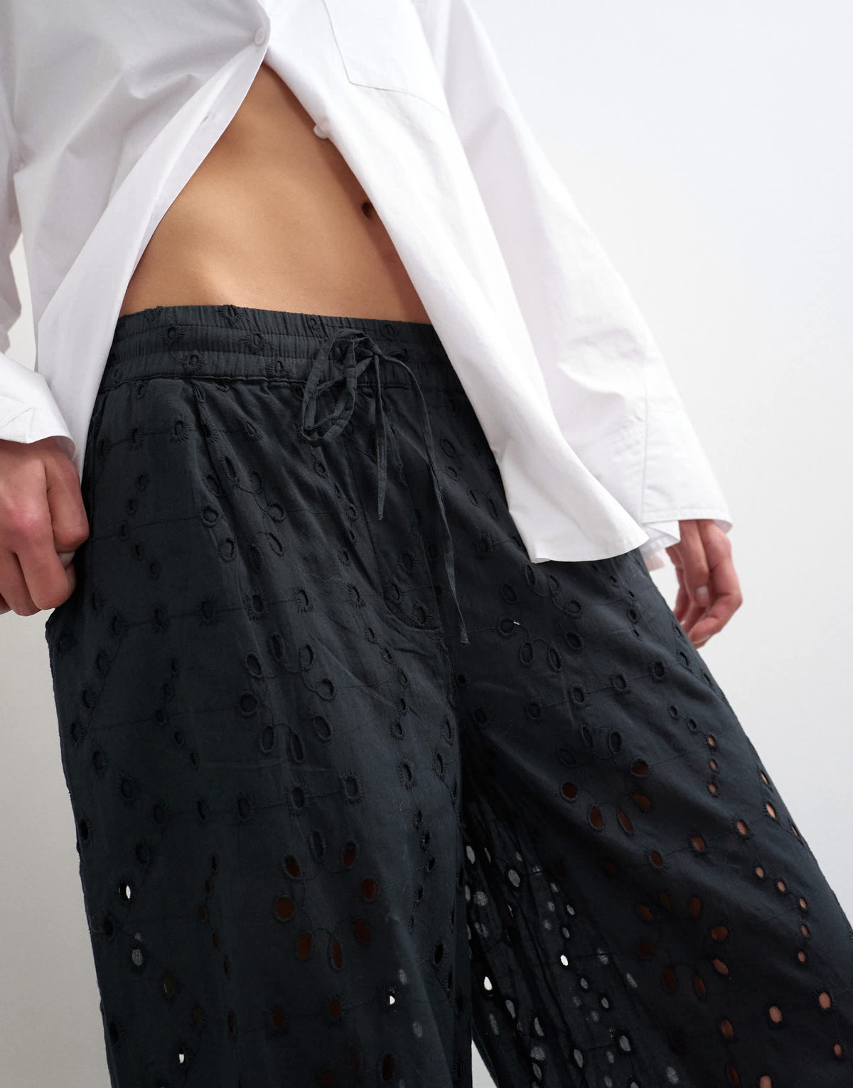 Topshop large broderie cut out tie waist trouser in black