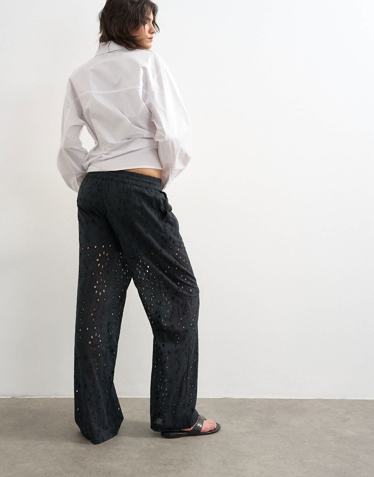 Topshop large broderie cut out tie waist trouser in black