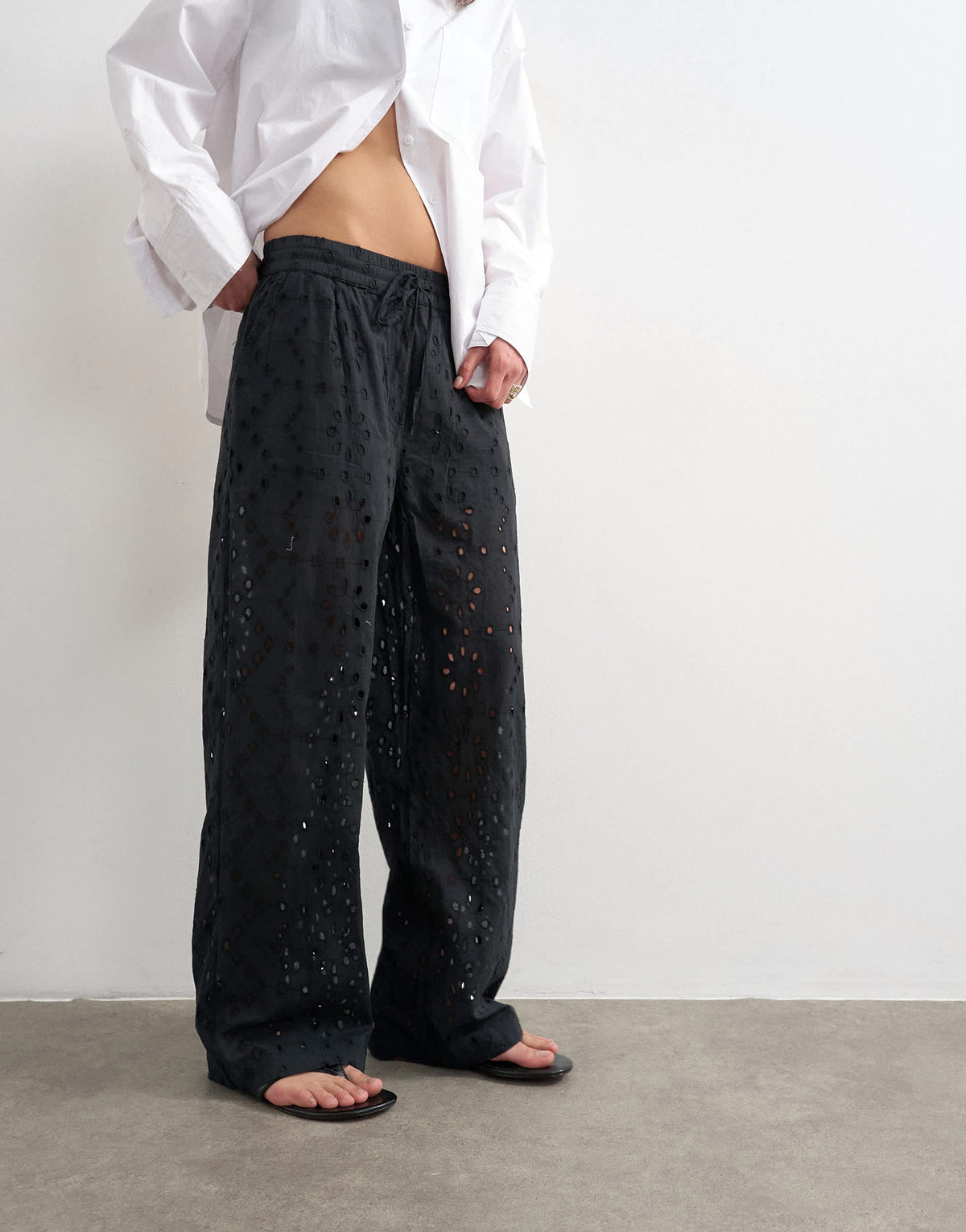 Topshop large broderie cut out tie waist trouser in black