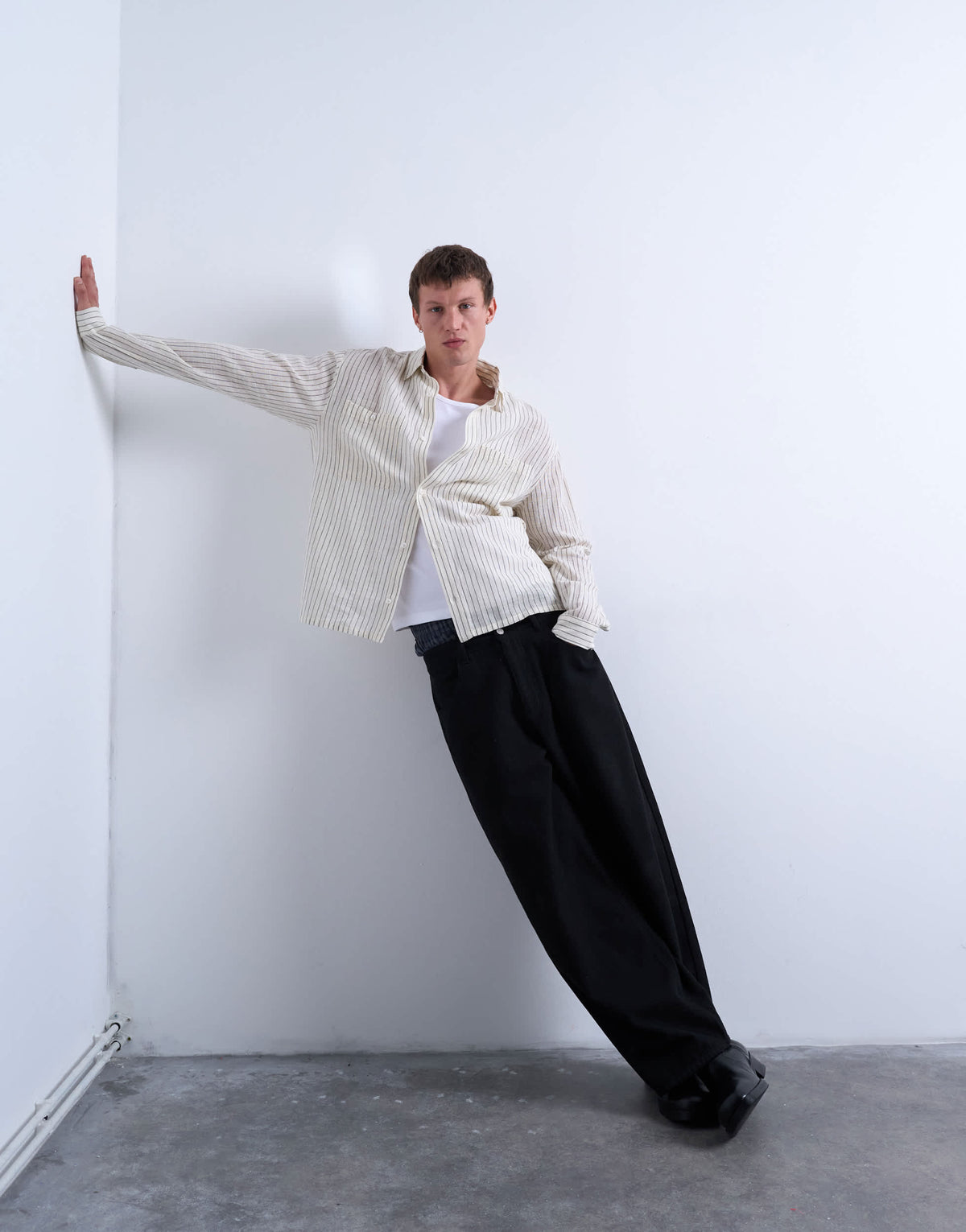 Topman long sleeve relaxed cheesecloth stripe in cream