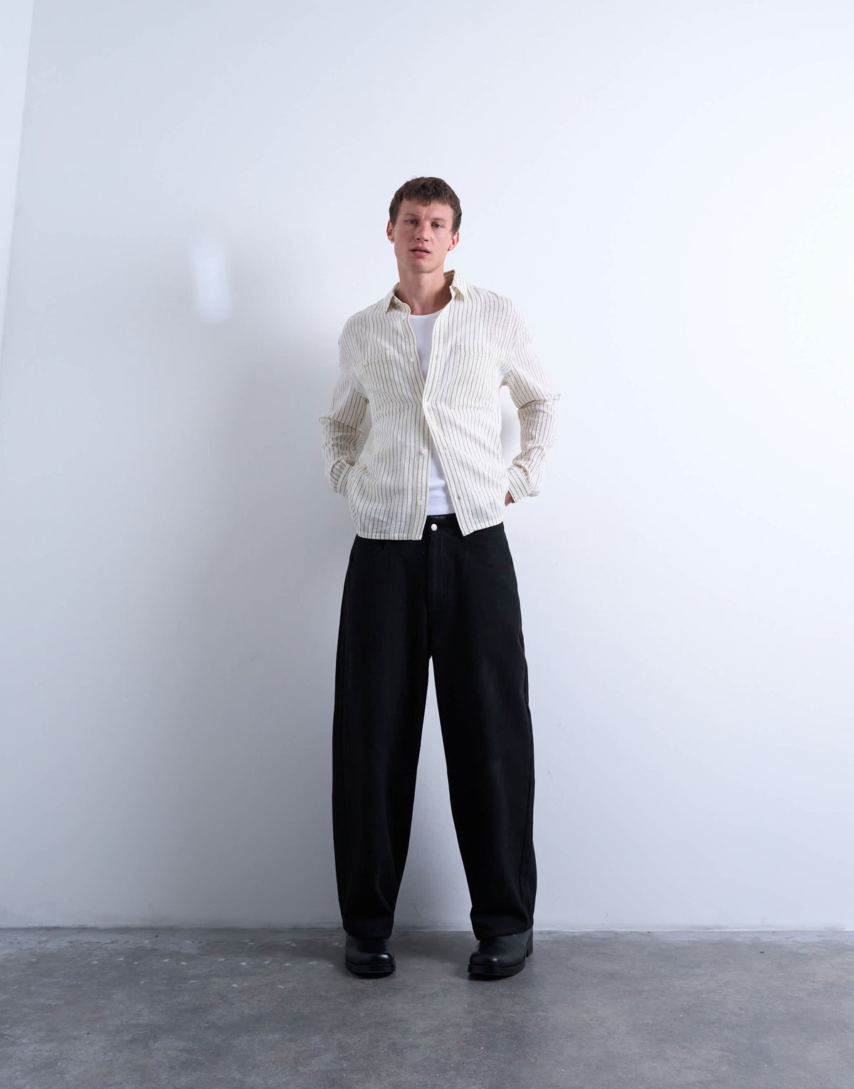 Topman long sleeve relaxed cheesecloth stripe in cream