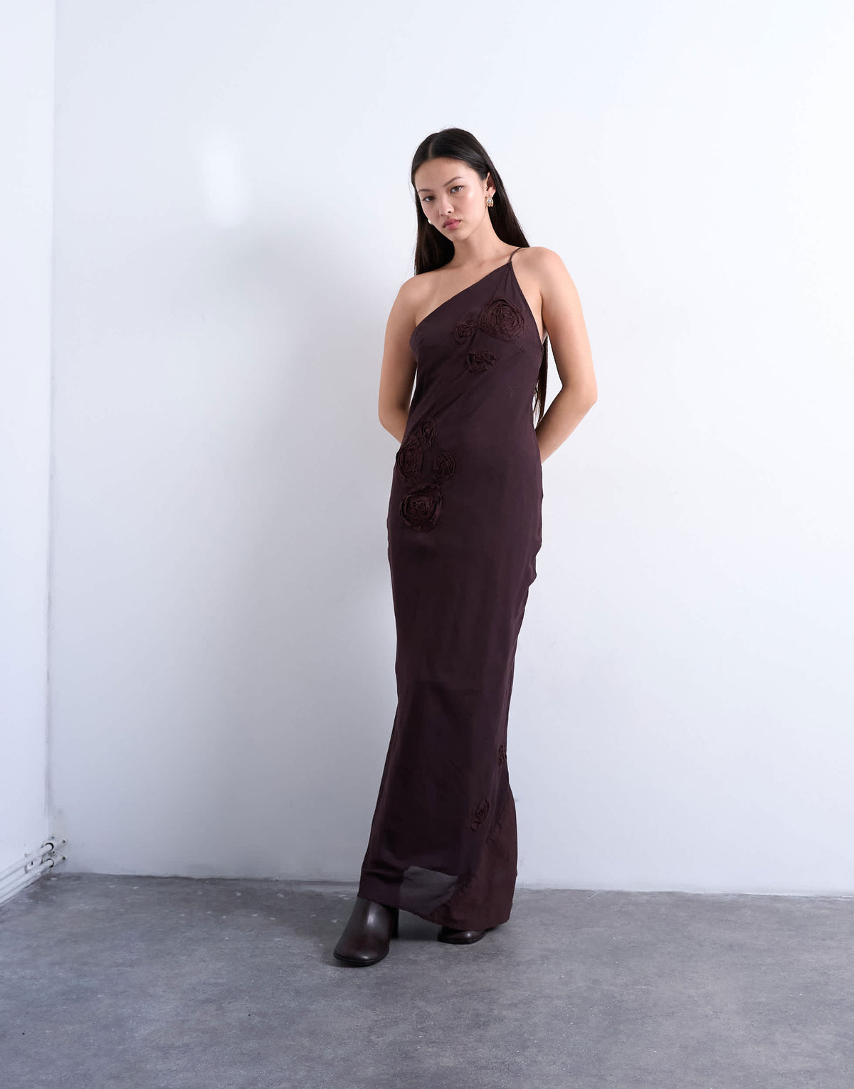 Topshop asymmetric one shoulder 3D flower midi dress in chocolate