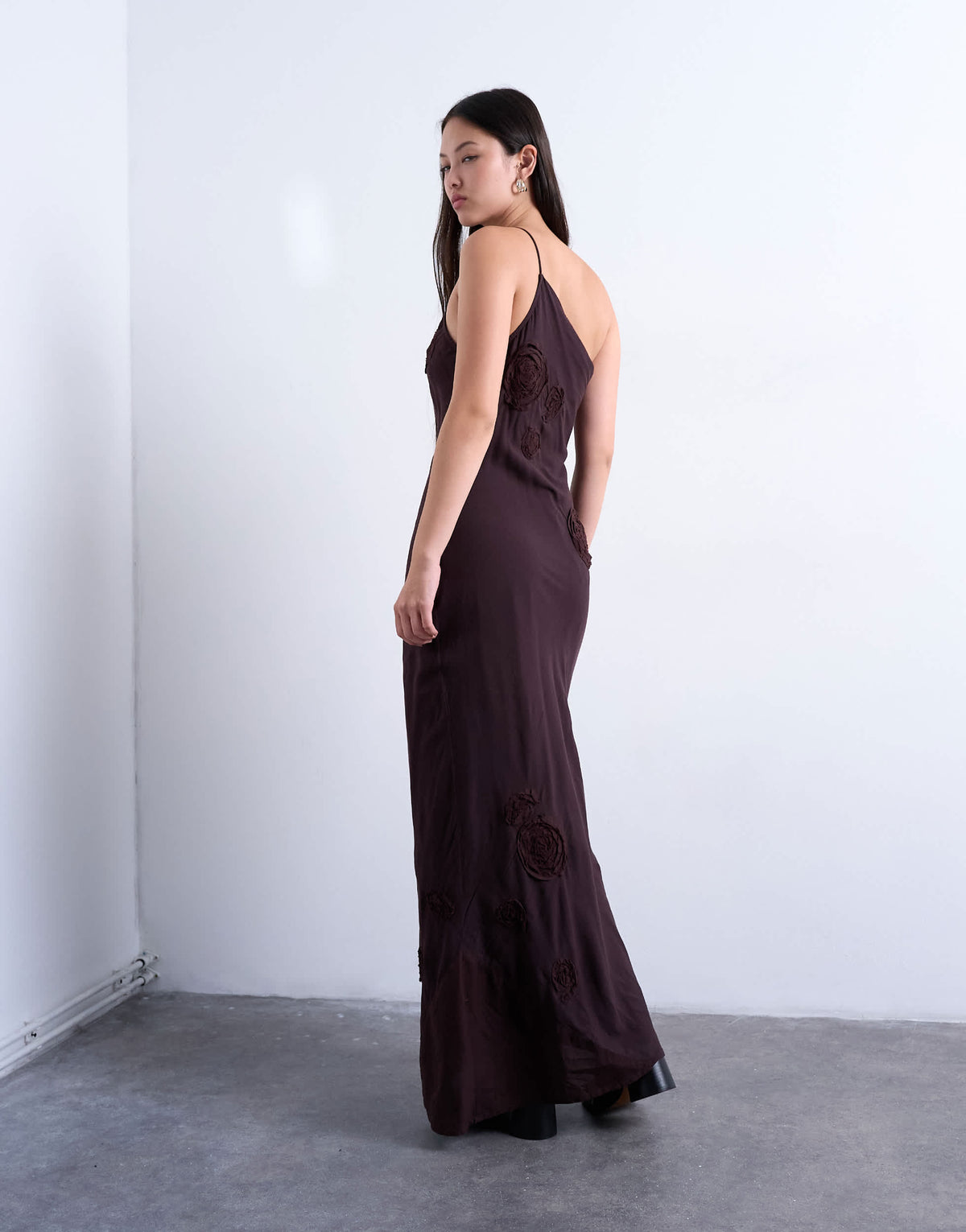 Topshop asymmetric one shoulder 3D flower midi dress in chocolate