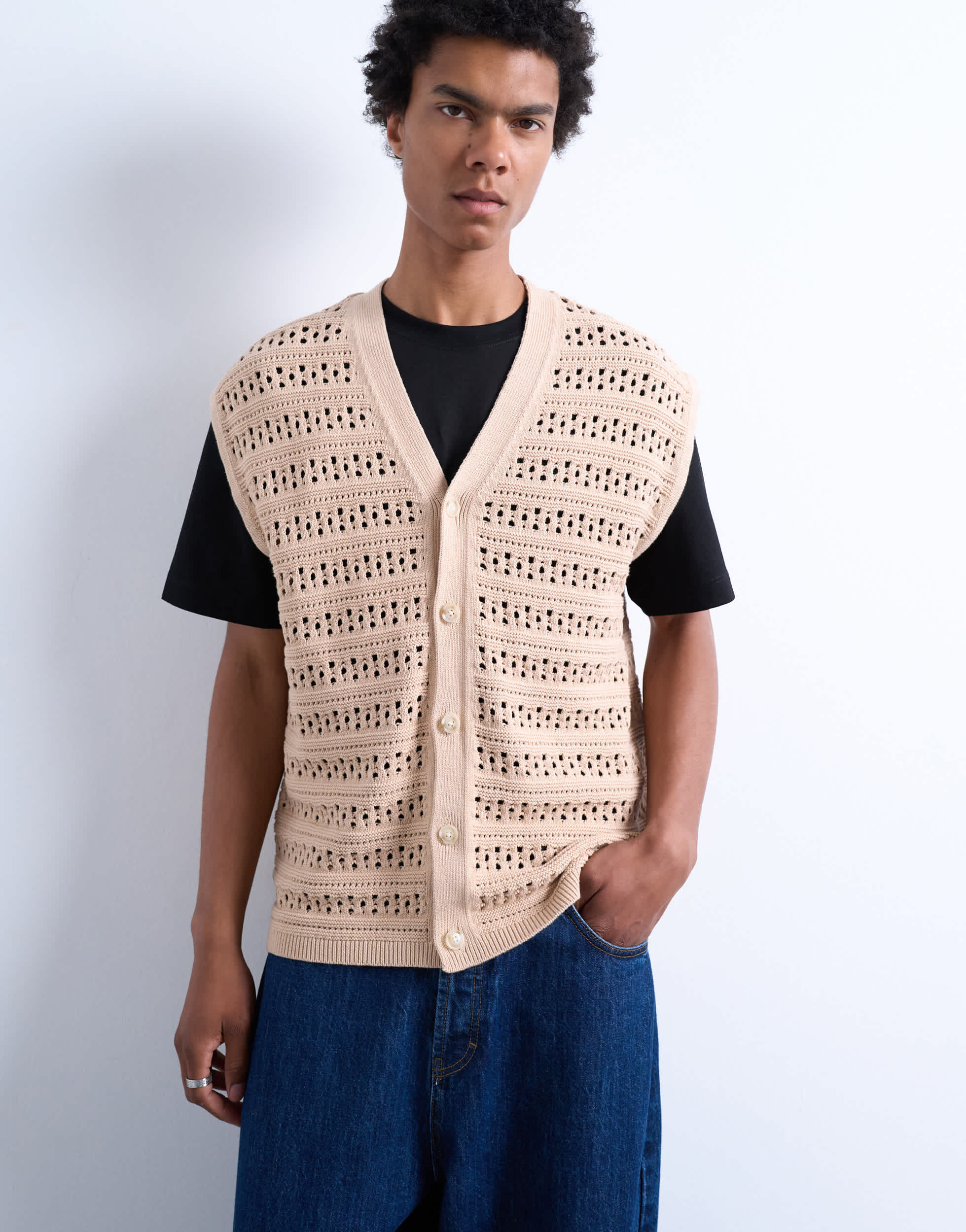 Topman Stricktanktop mit durchgehender Knopfleiste, Relaxed Fit, in Steinbeige