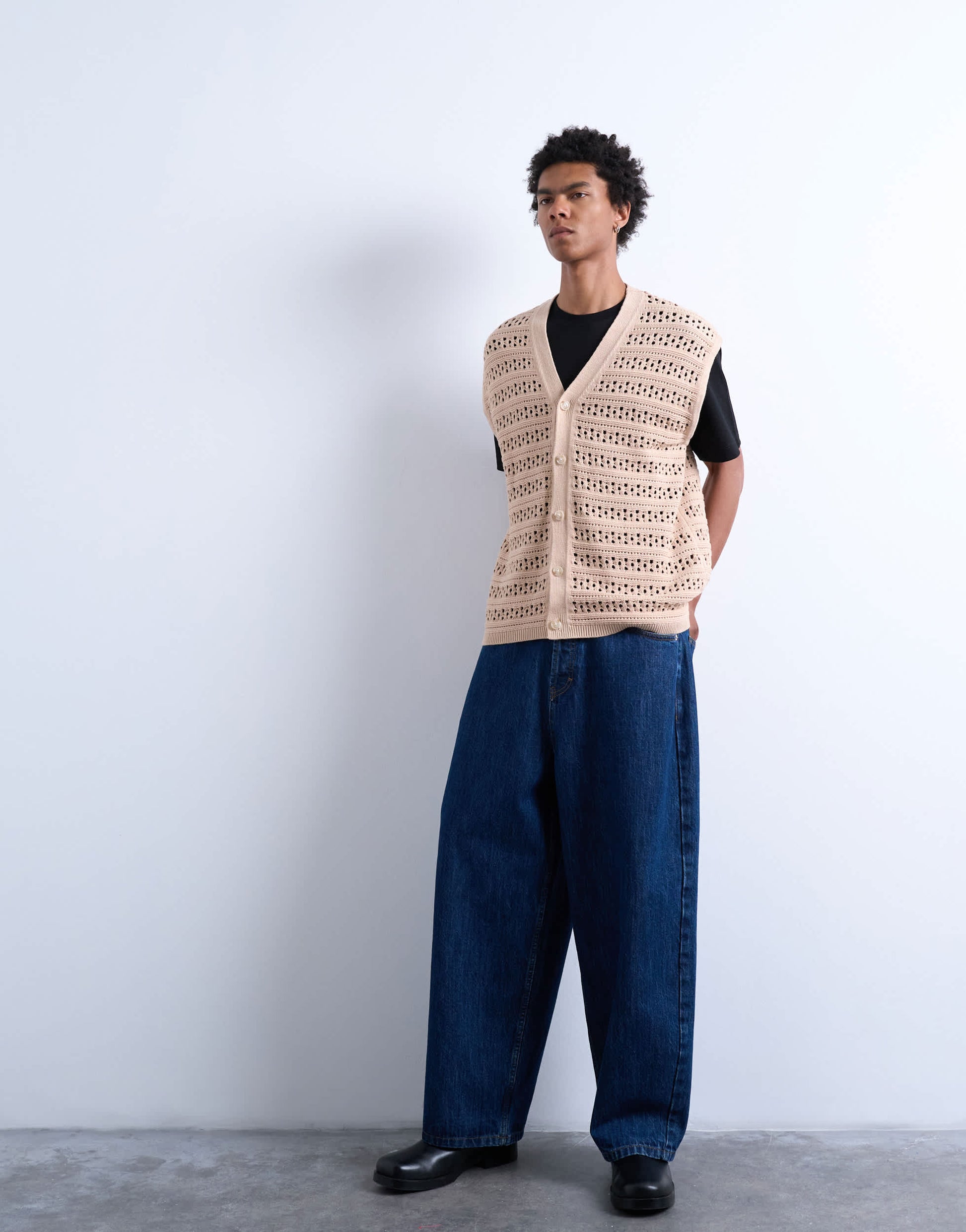 Topman relaxed fit button through knitted tank in stone