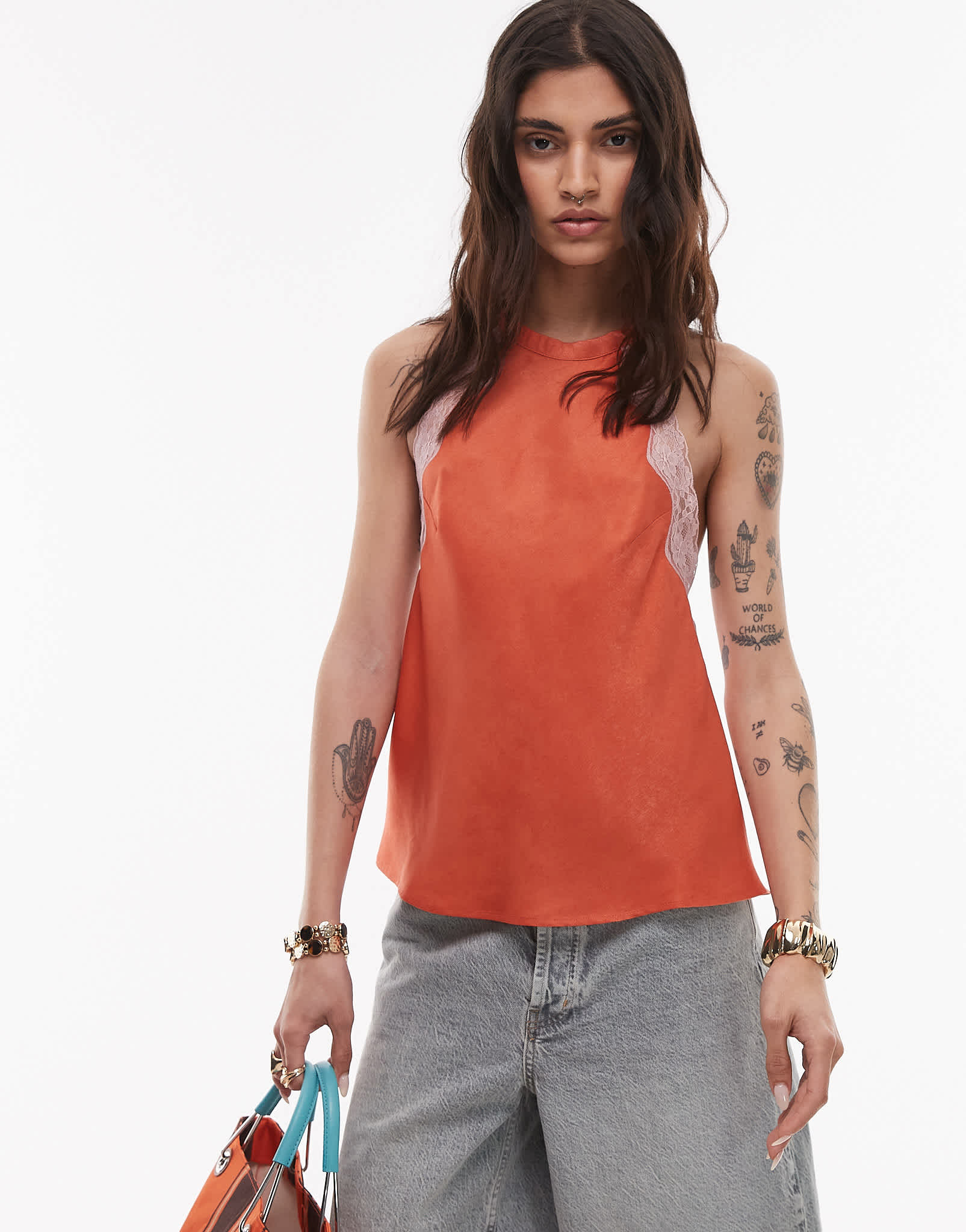 Topshop halterneck top with contrast lace in deep orange