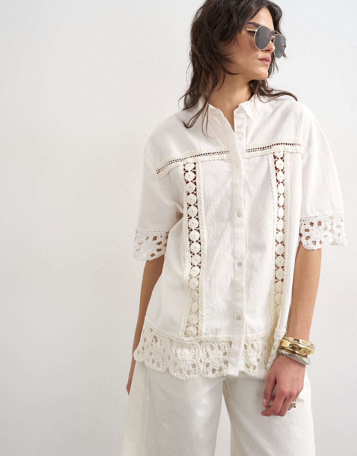 Topshop lace insert resort shirt in ivory