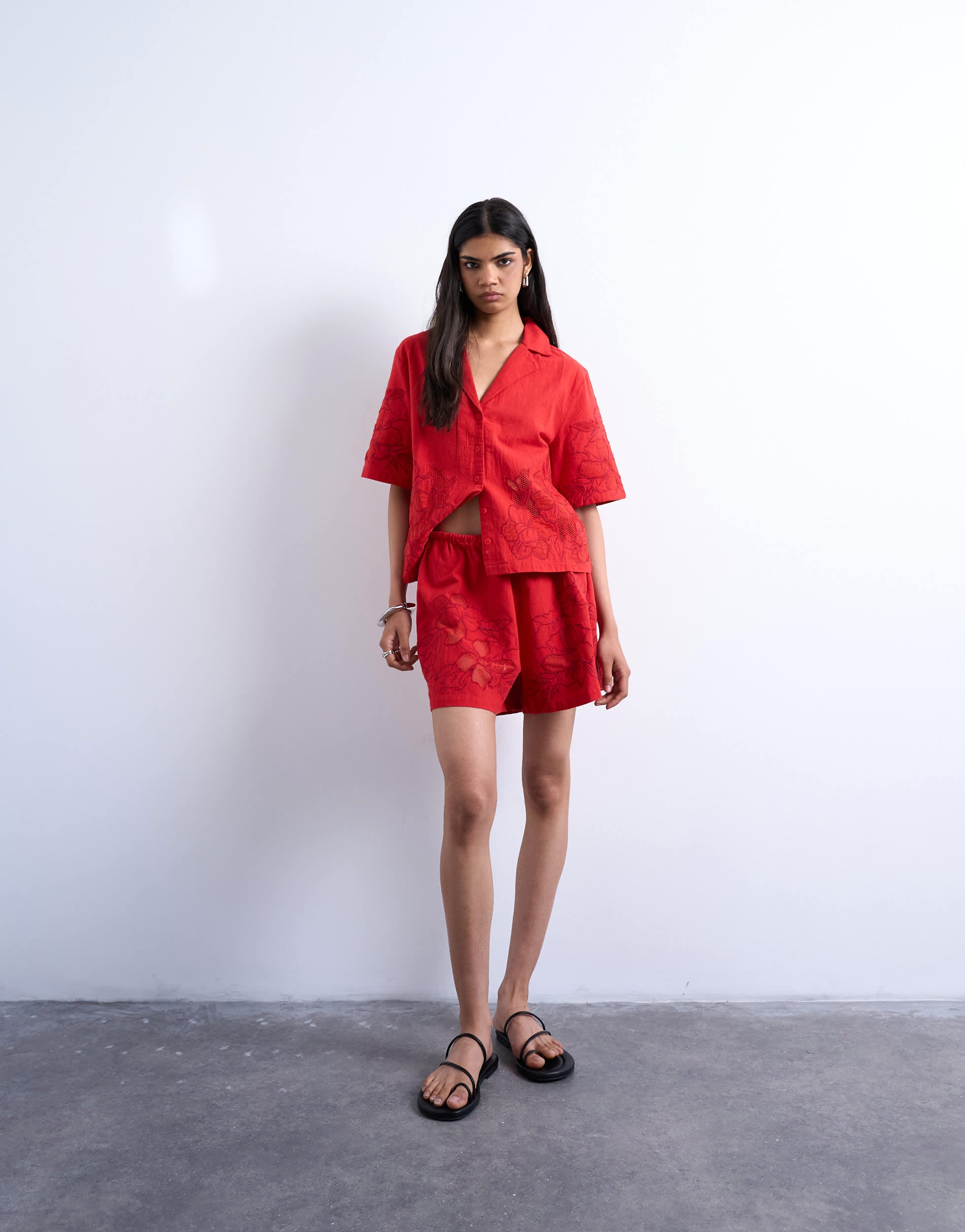 Topshop co ord floral applique short in red