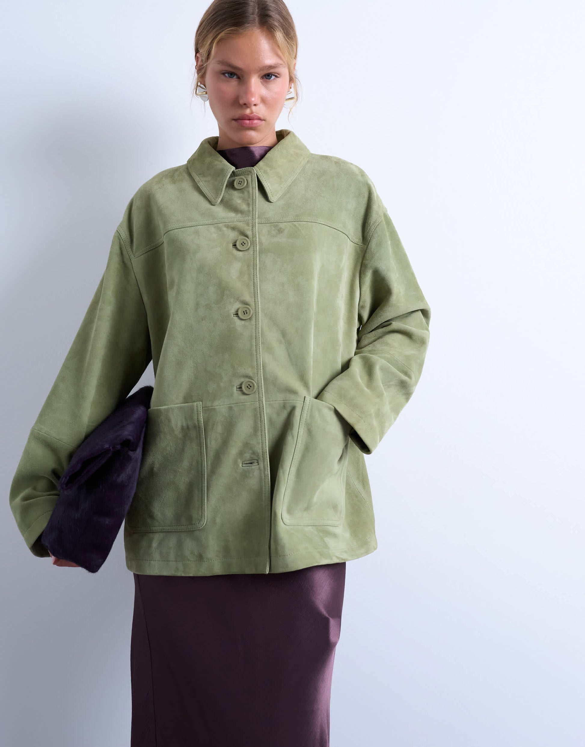 Topshop premium real suede patch pocket boxy jacket in green