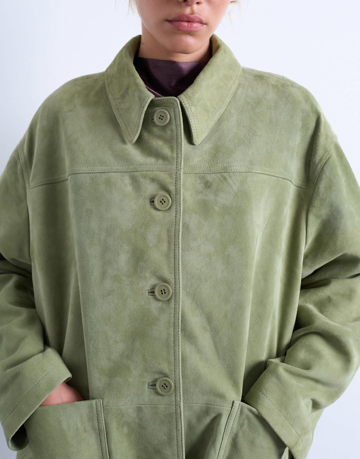 Topshop premium real suede patch pocket boxy jacket in green