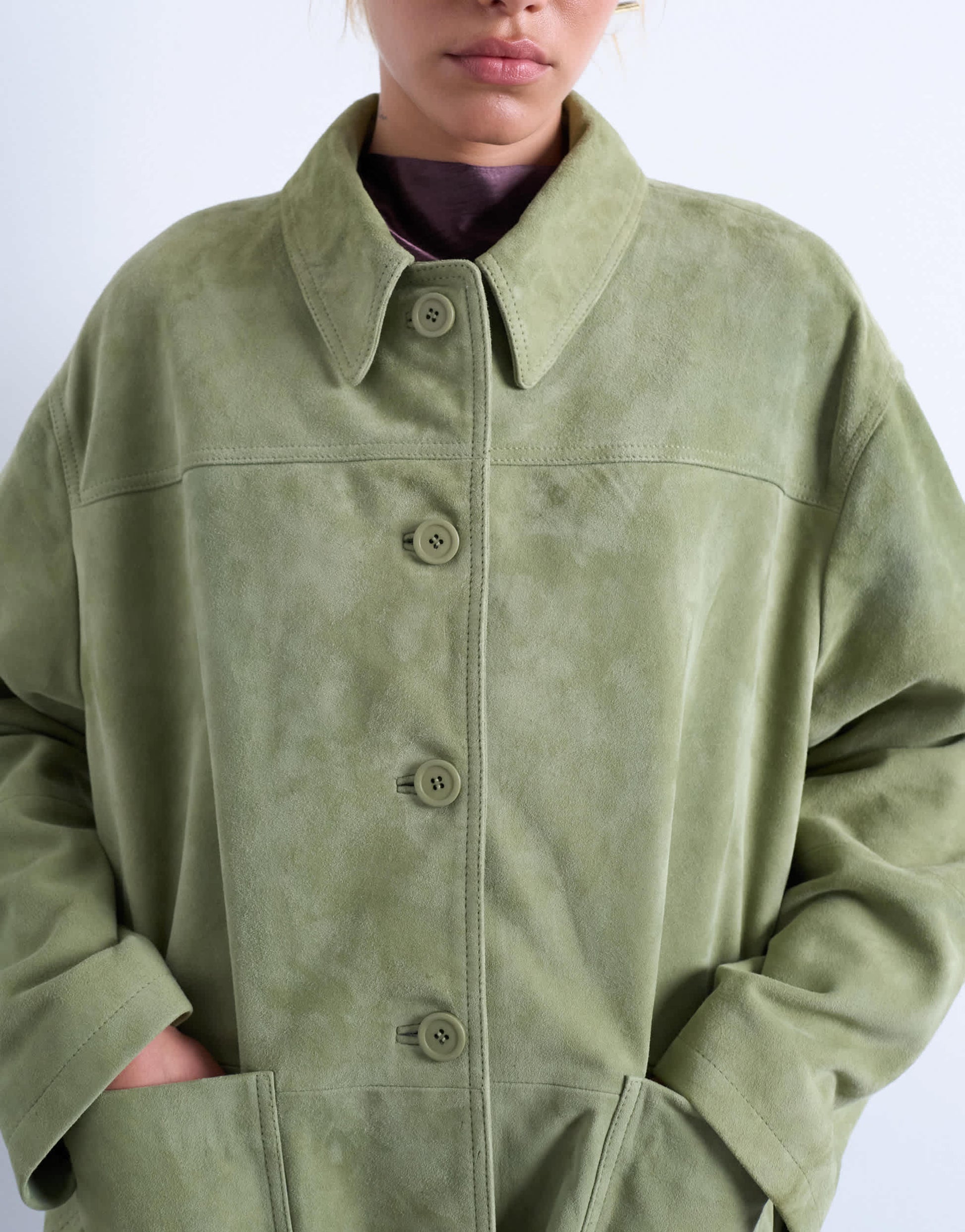 Topshop premium real suede patch pocket boxy jacket in green