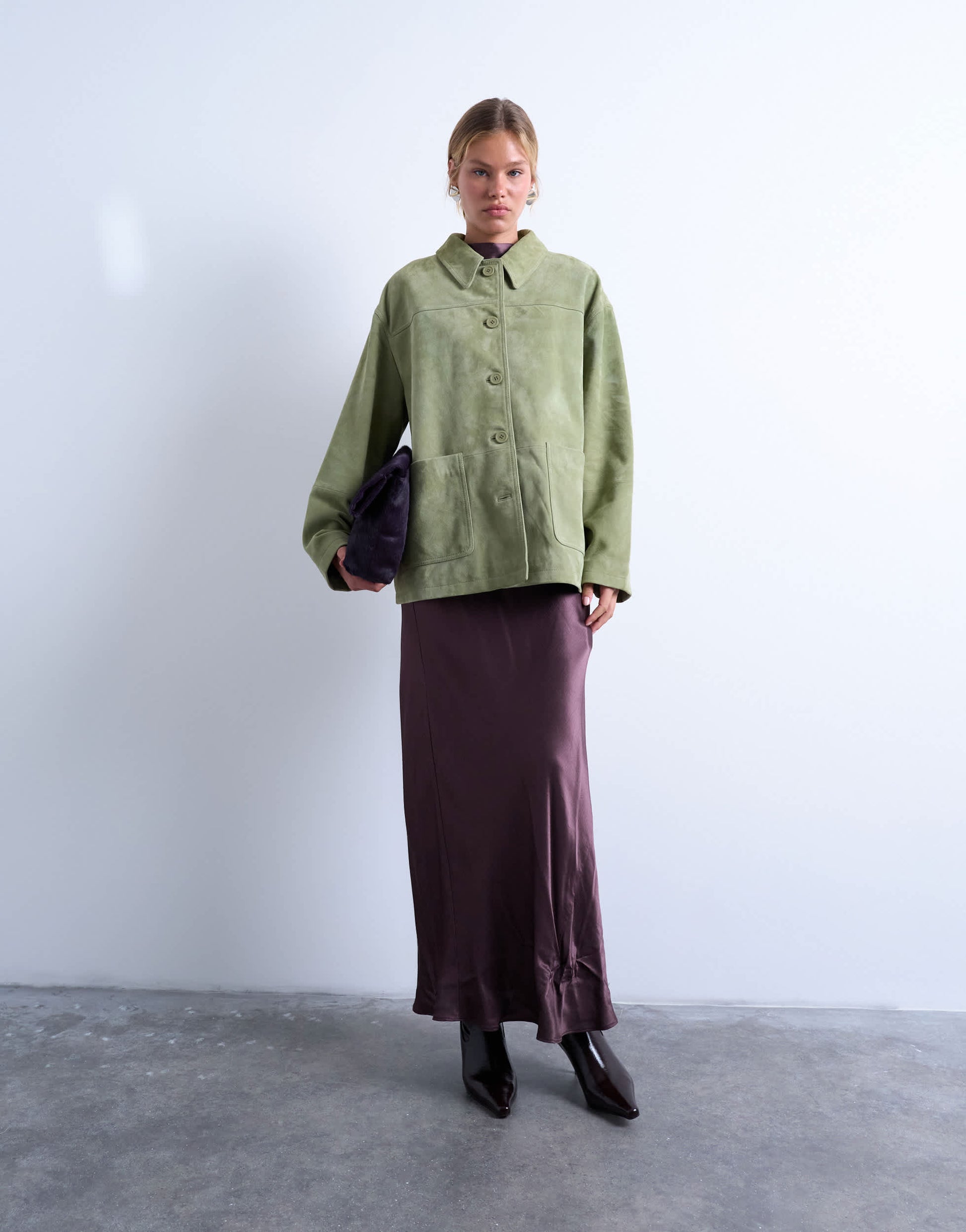 Topshop premium real suede patch pocket boxy jacket in green