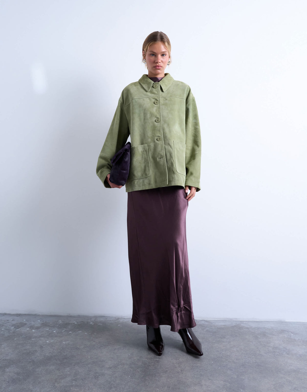 Topshop premium real suede patch pocket boxy jacket in green