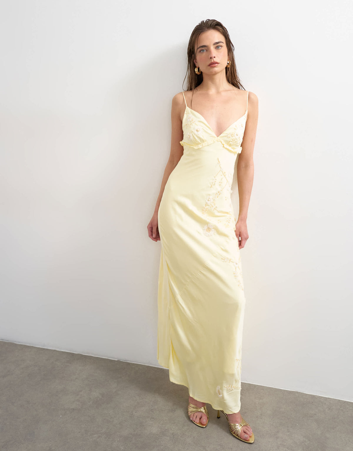 Topshop embellished raffia slip dress with frill in yellow