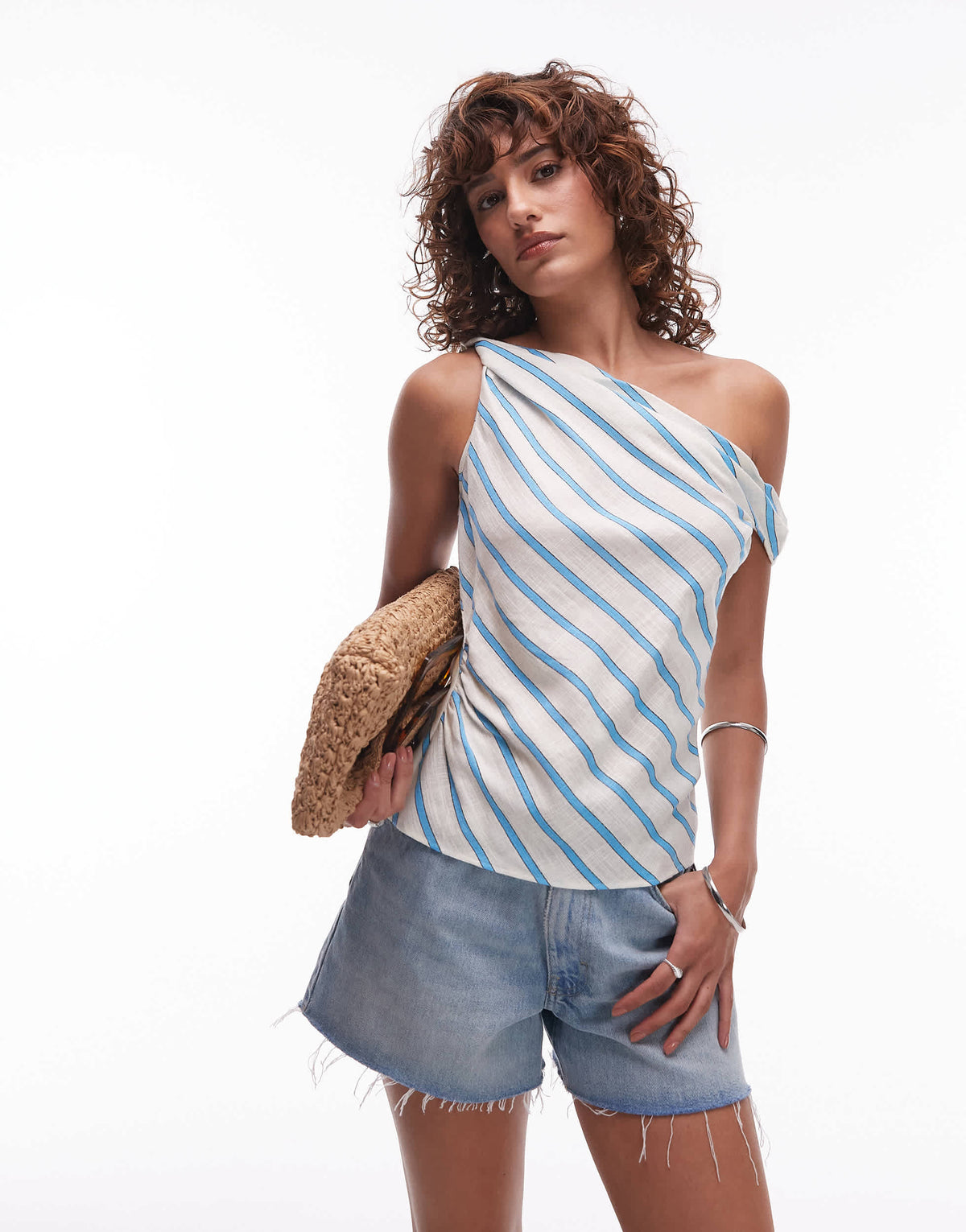 Topshop linen twist shoulder top in blue and white stripe