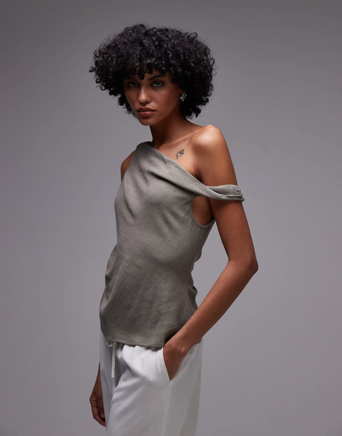 Topshop linen twist shoulder top in green