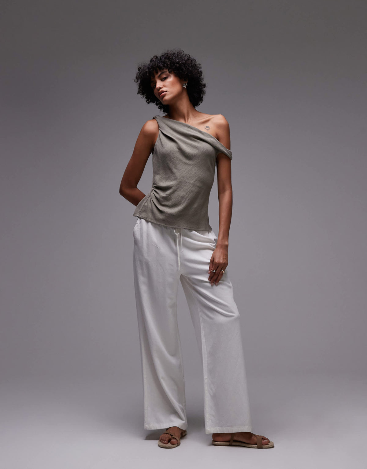 Topshop linen twist shoulder top in green