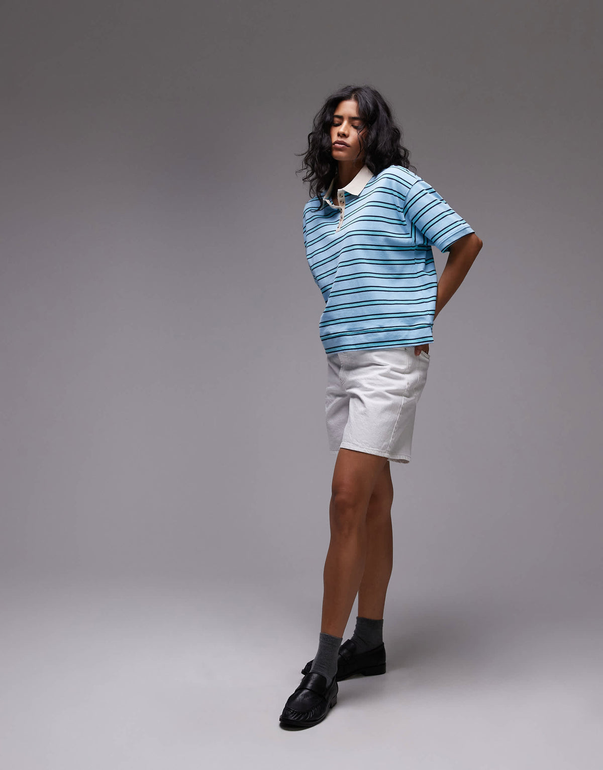 Topshop stripe boxy polo in turquoise